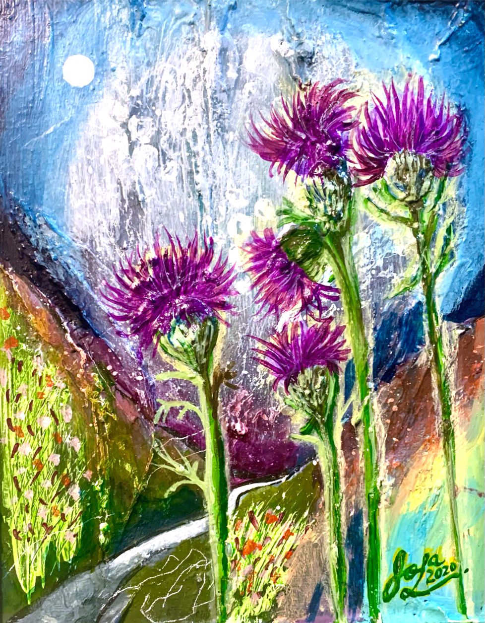 Moonlit Curiosity -Jola Liebzeit-8x10-mixedmedia on board-Life Finds Its Way